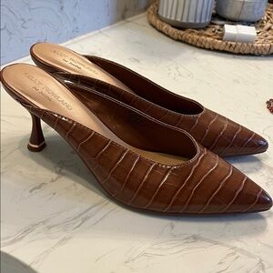 Brown Croc-Embossed Heeled Mules